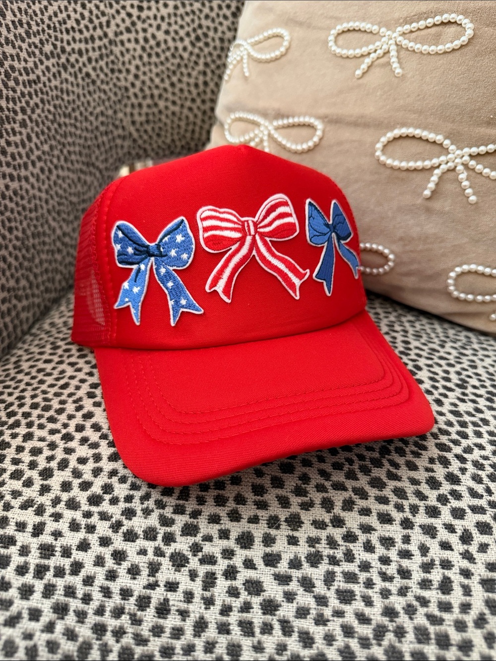 Red Trucker Hat with Patriotic Bow Patches
